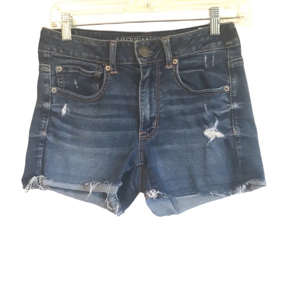 AMERICAN eagle super stretch high rise Shortie shorts jean denim  distressed  6 - Picture 1 of 9